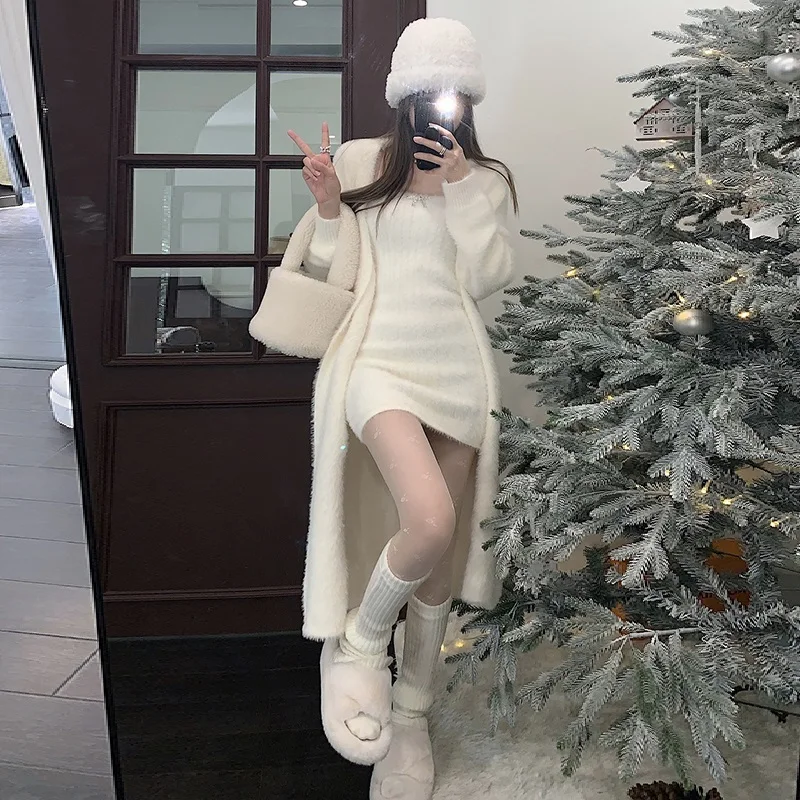 2024 Spring Korean two piece dress elegant  Knitted suit mini dress women luxury Sexy 2 piece sets white Cardigan two piece set