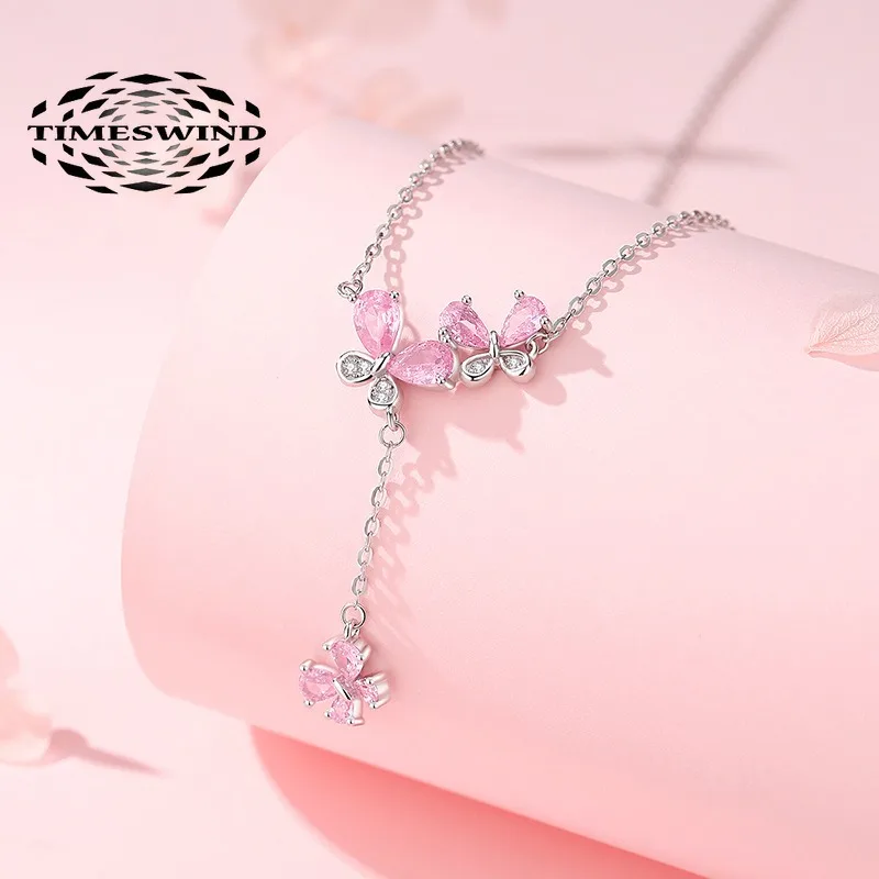 

TIMESWIND Sweet S925 Silver Women Pink Zircon Butterfly Tassel Pendant Necklace with Certificate