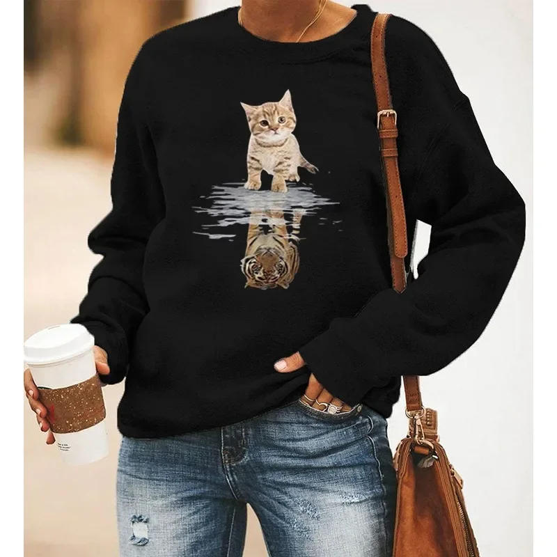 Kitten Sunflower Print Long Sleeve Crew-neck Hoodie Lady Sweatshirt  Streetwear Women  Aesthetic