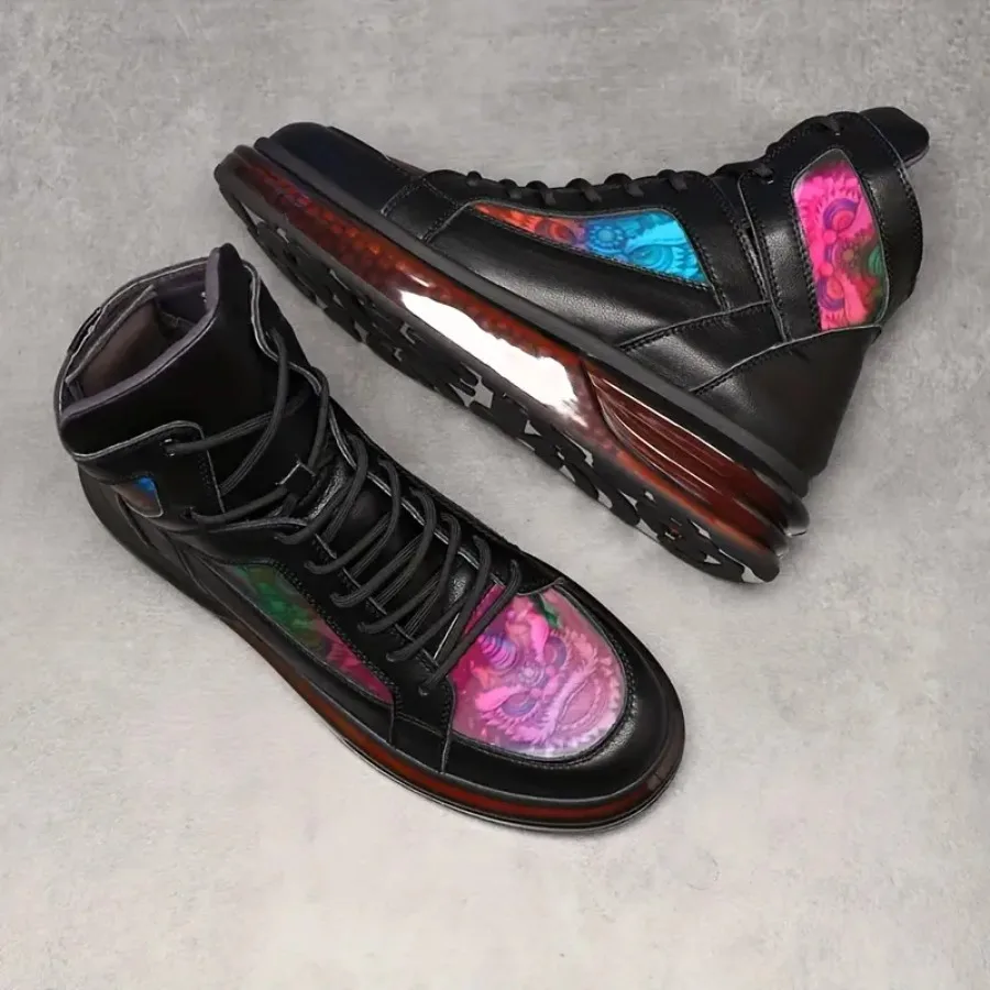 

[Thick-Soled Mid-Top Boots] 2024 New Trendy Lion Dance Men's Sneakers Traditional Element Casual Mid-Top Boots Youth Fashion Th
