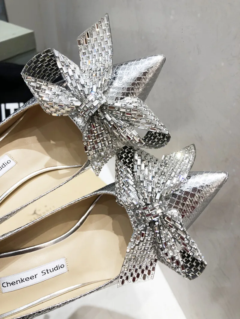 2024 New Water Diamond Pointed Thin High Heels, Silver Bow, High end, Non tiring Single Shoes, Banquet Shoes