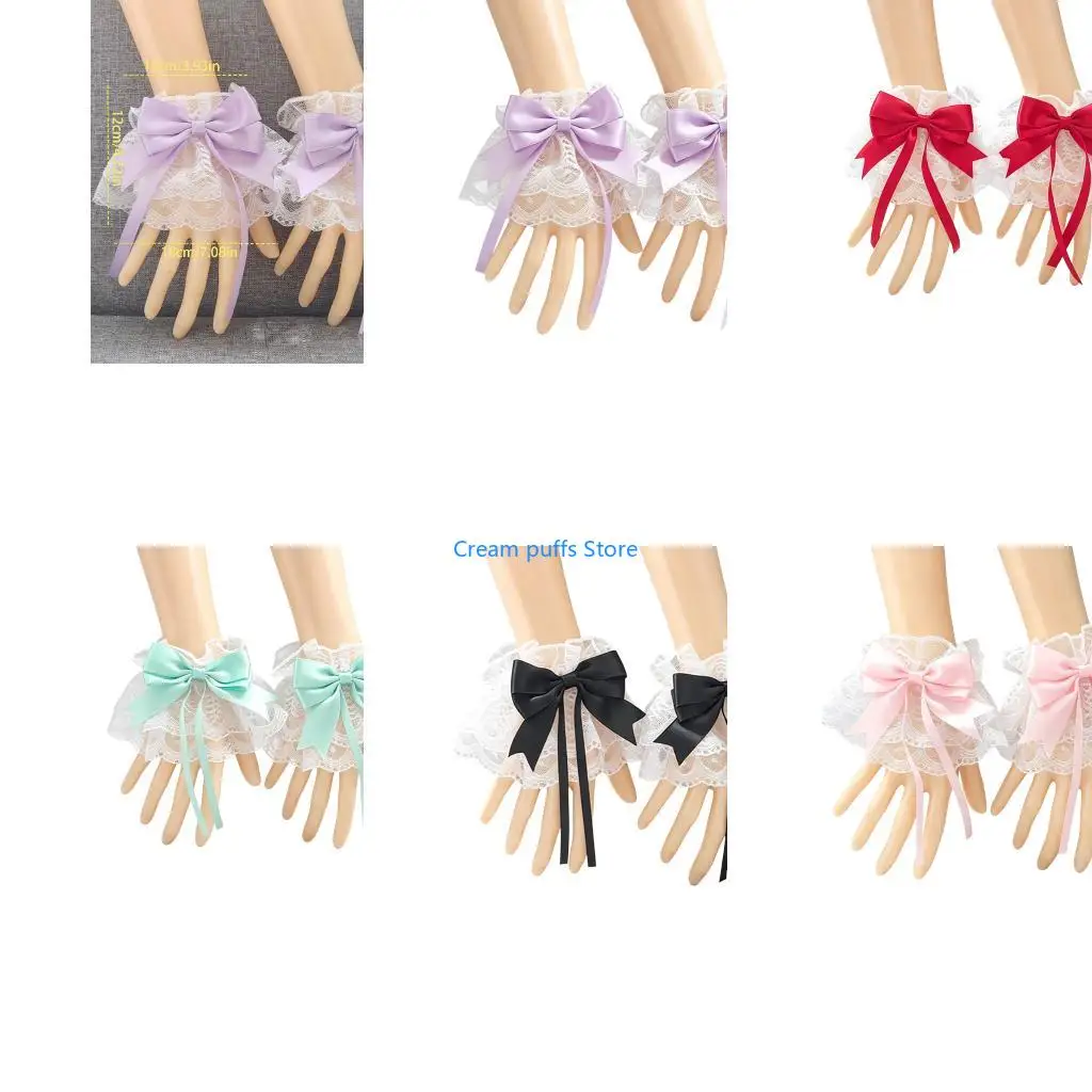 50LE Costume Lace Wrist Accessories Satined Bowknot Wrist Cuffs Sleeves for Gothic Dress Up