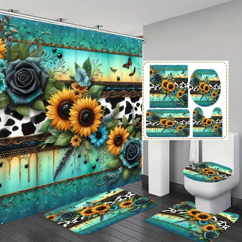 1pc/3pcs/4pcs Blue Striped Background Rose Sunflower Style Bathroom Set Including Shower Curtain Three-piece Set Four-piece Set