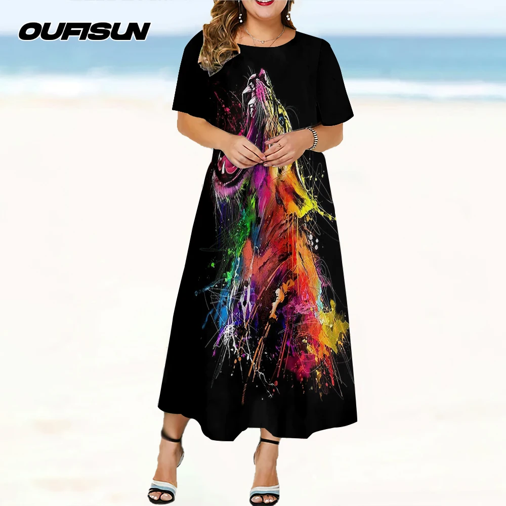 ฤดูร้อนผู้หญิงชุดยาวรอบคอชุด 2025 ผู้หญิงแขนสั้นใหม่สบายๆเสื้อผ้าสัตว์Tigerพิมพ์ผู้หญิงเสื้อผ้า