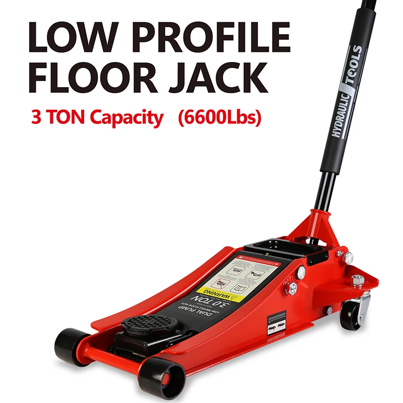 Perfil Baixo Hidráulico Aço Racing Floor Jack, Pistão Duplo, Bomba de Elevação Rápida, 3 Ton, 6600 lb Capacidade, Alcance de Elevação 3.3 "-