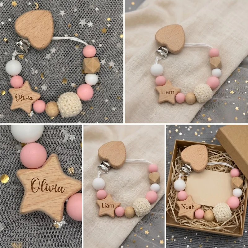 Personalized Baby Pacifier Clip Chain Custom Name Silicone Wooden Teether Holder BPA Free Soother Dummy Clips Baby Shower Gift view 5