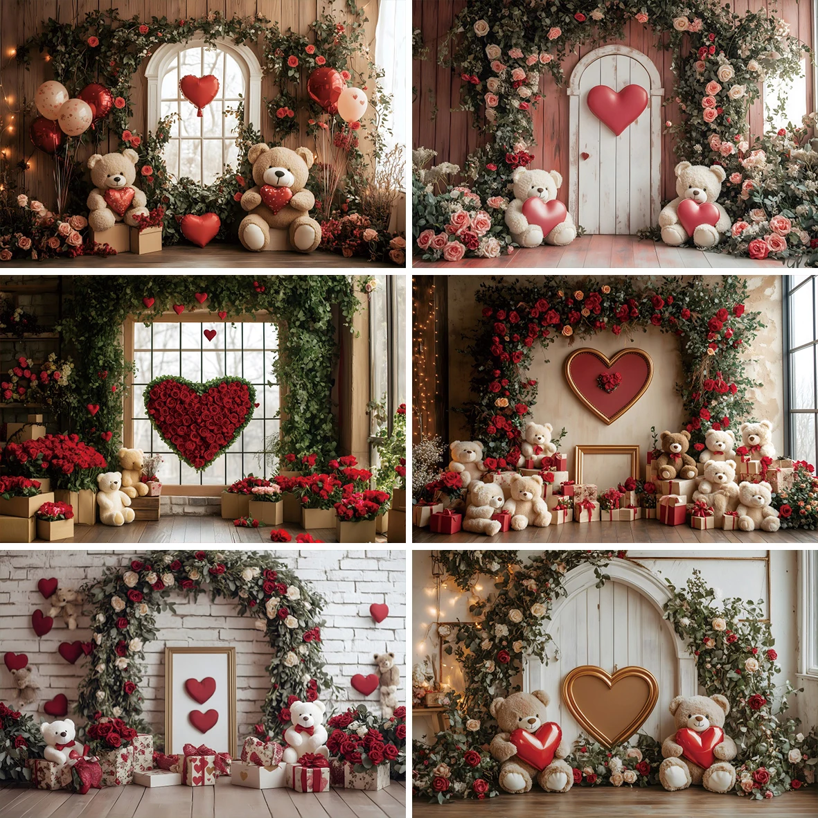 สุขสันต์วันวาเลนไทน์พื้นหลังการถ่ายภาพสีแดง Rose ดอกไม้ตุ๊กตาหมีบอลลูนตกแต่งในร่มเด็กคนรักภาพฉากหลัง
