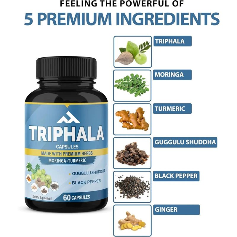 

Organic Triphala Extract Capsules, Turmeric, Guggul, Ginger, Black Pepper, Moringa | Improve Digestive System