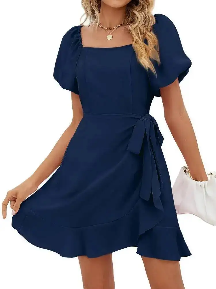 Chic 2025 Dames Zomer Wikkeljurk Korte Mouw Casual Vierkante Hals Ruche Mini-jurk Casual Los Polyester T-SHIRT Top ZCO8