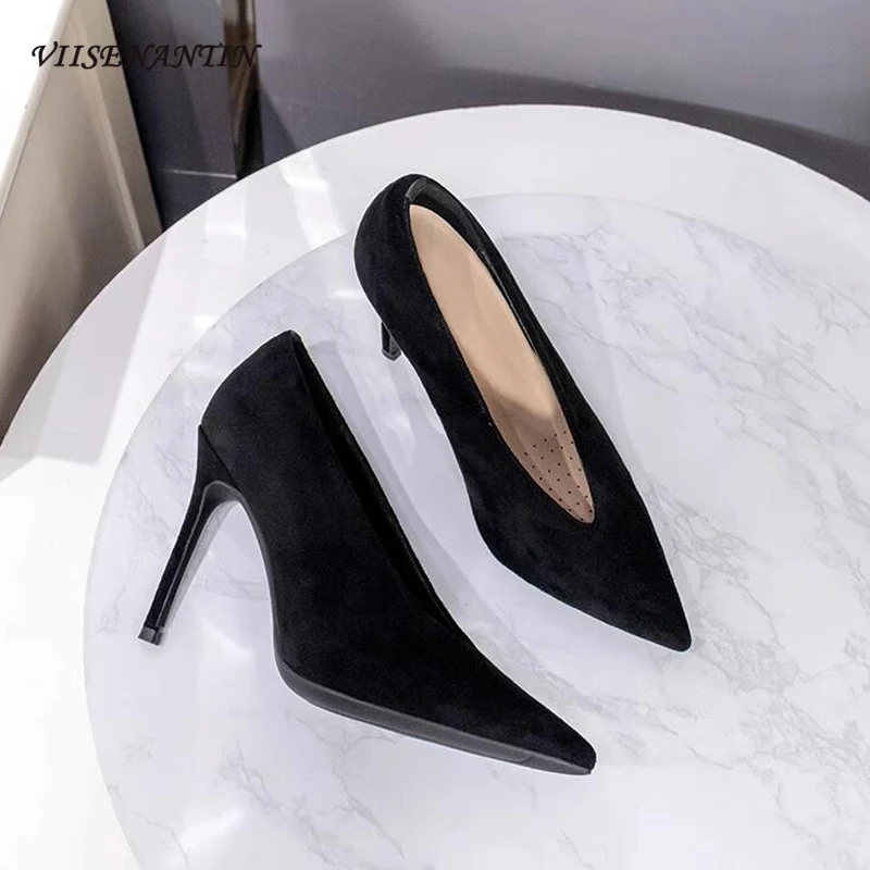 

V Shallow Mouth High Heels Single Shoes Women 2024 All Match Retro Pointed Toe Stilettos Pumps Females Comfortable Grandma Shoes