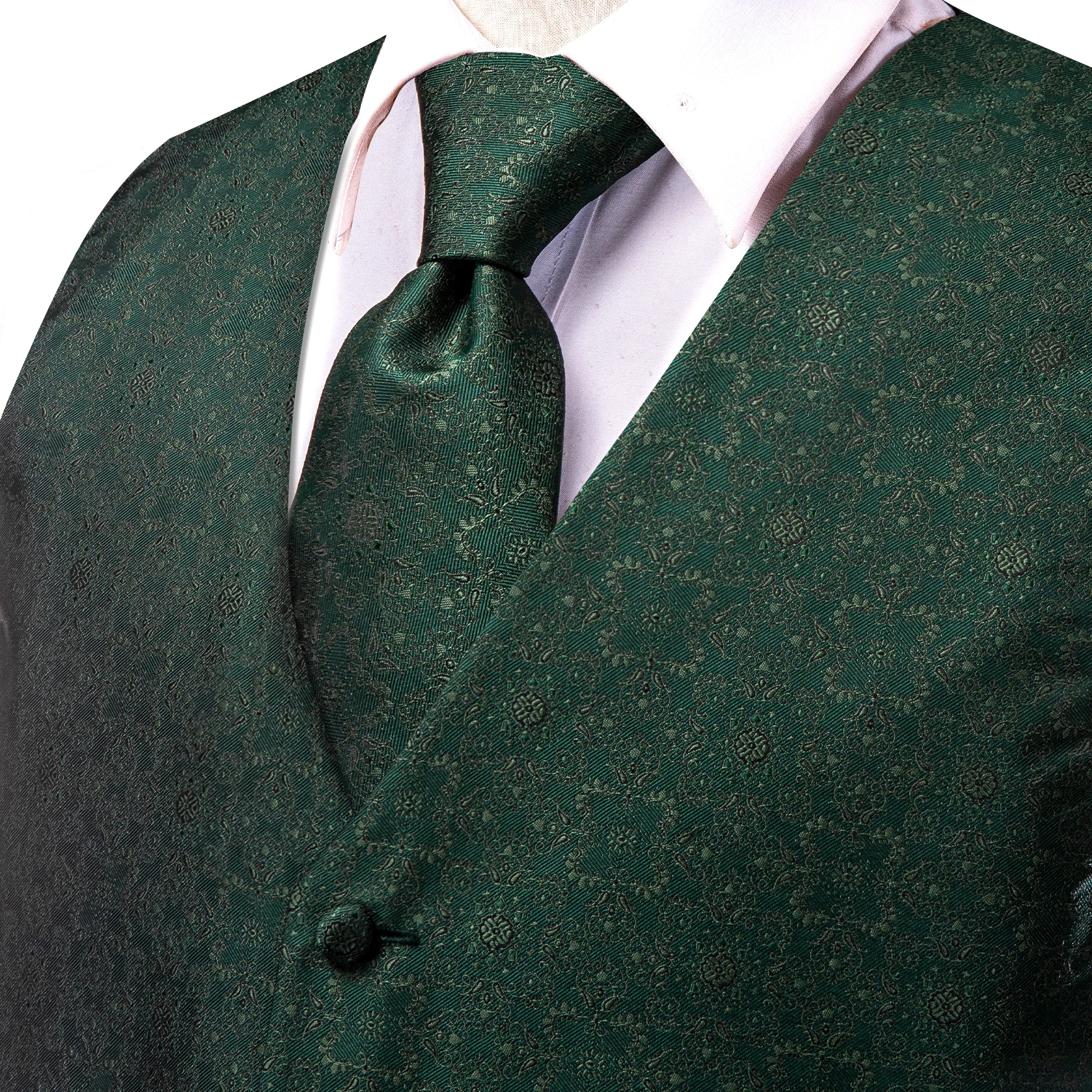 Dark Green Silk Men Vest Tie Elegant Solid Dress Sleeveless Jacket 4PC Hanky Cufflink Paisley Suit Waistcoat Wedding Gift Hi-Tie