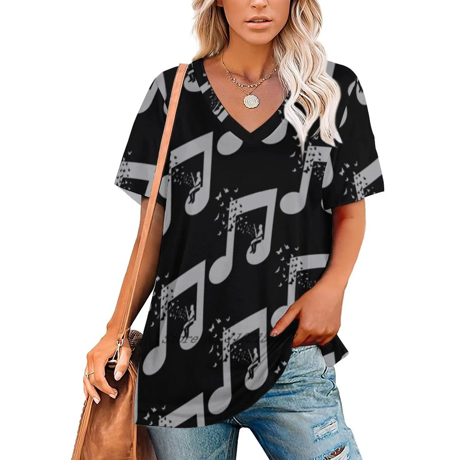 Bassoon Music - Music Theme Design Suitable For Men And Women Women V Neck T-Shirt Casual Sexy T Shirts Hollow Out Zipper