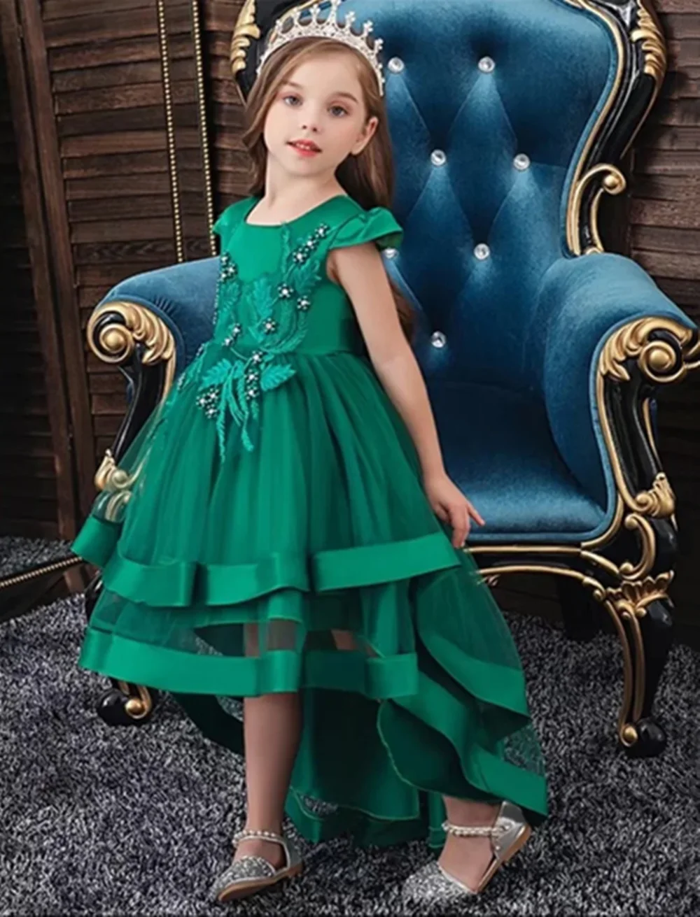 

Bow O Neck Short Sleeve Pleat Crystal Appliques A Line Long Flower Girl Dress Tea Length Sweep Train Classic Communion Girl Gown