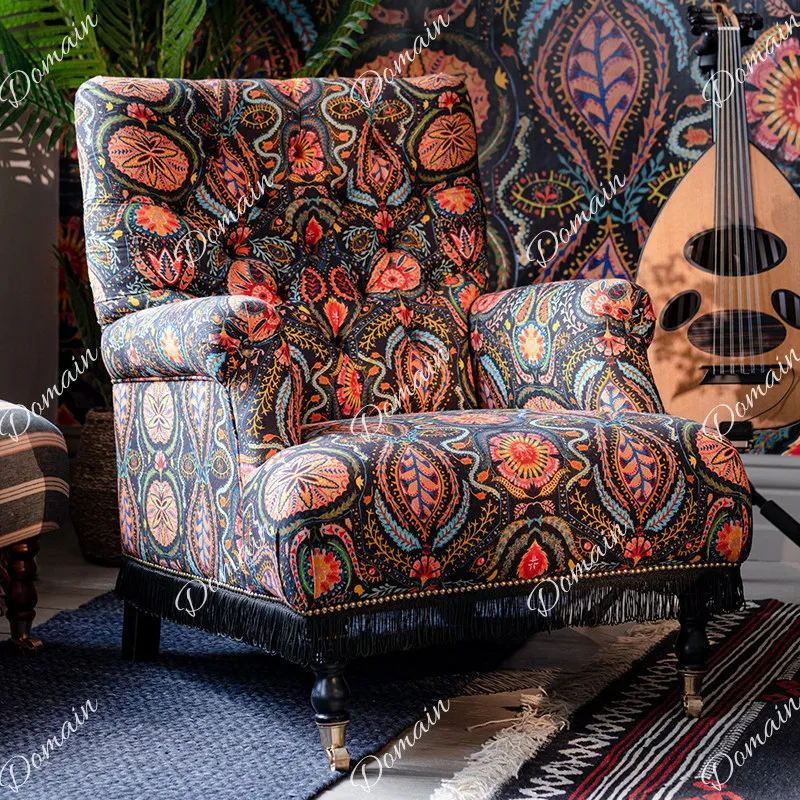 American medieval balcony pastoral single sofa French retro buckle high back chair fringed leisure chair
