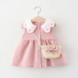 2 Pcs Summer New Dress Girl's Sleeveless Lace Heart Collar Sweet and Beautiful Plaid Button Cotton Cloth Dress