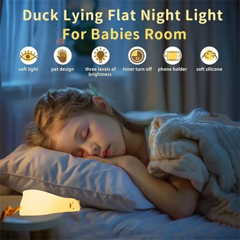 Duck Rechargeable LED Night Light Pat Silicone Dimmable Lamp Bedside Cartoon Children Nightlights For Home Room Decor Lighting