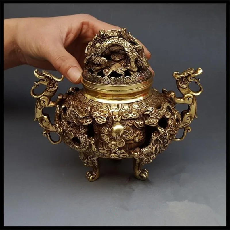 

Antique Copper Hollow Carving Piece Nine Dragon Incense Burner Exquisite Craft Incense Burner Antique Desktop Ornament Copperwar