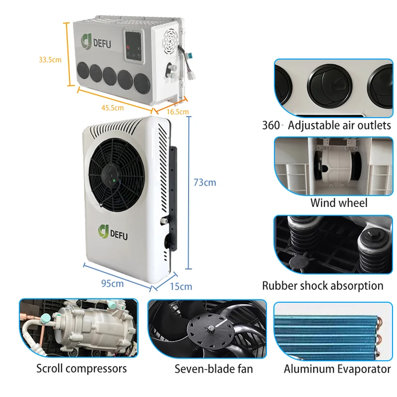 New DEFU Split AC Units 12V/24V Vehicle Electric Air Conditioner for Truck Cabin Scroll Compressor 7500-9500 BTU Cooling