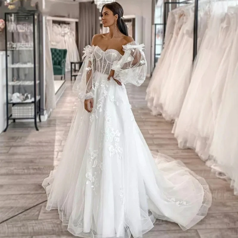 2024 A Line Detached Tulle Long Sleeves Lace Sequins & Floral Appliqués Corset Back Wedding Dresses Off Shoulder Bridal Gowns