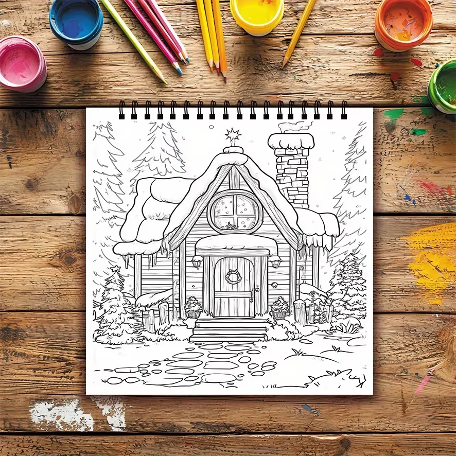 Buku Mewarnai Cozy Cottage - 8,27 x 8,27 inci 22 halaman - Hadiah ideal untuk keluarga atau teman di Natal