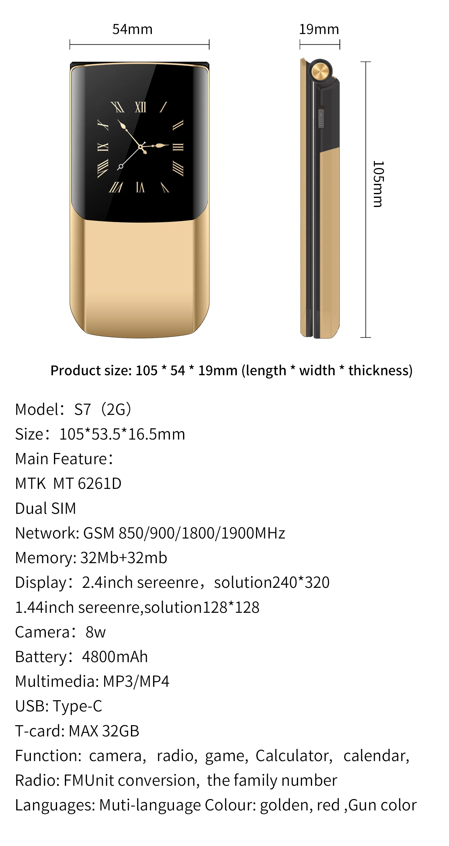 YeeMI S7A GSM 2G Mobile Phones 2.4'' Flip Feature Phone Dual SIM Bluetooth Large Font for Elderly Phone