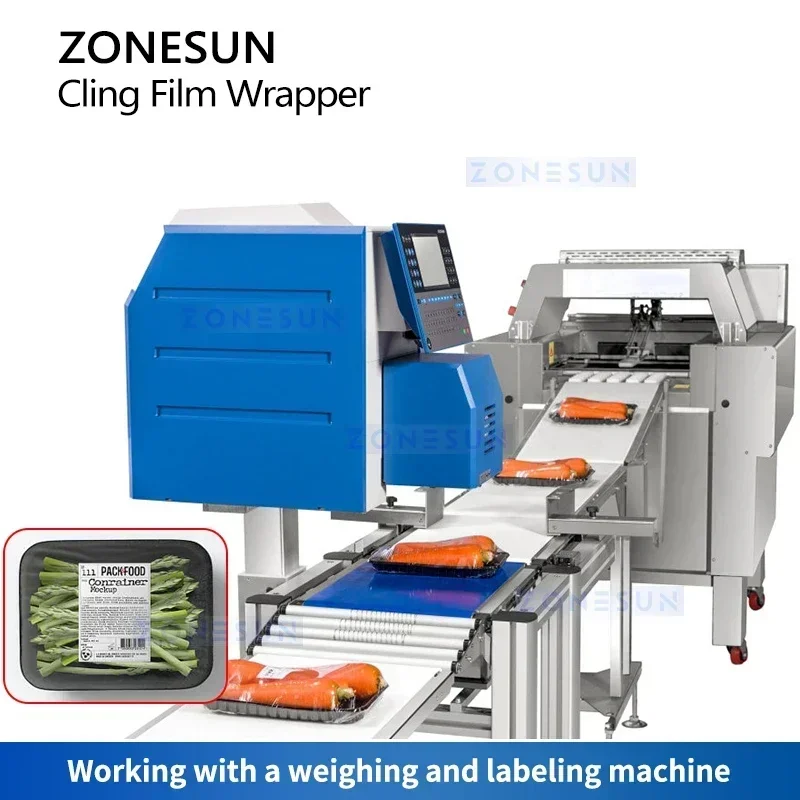 ZONESUN ZS-CW25 ماكينة تغليف الأغشية الأوتوماتيكية ماكينة تغليف صينية الطعام ماكينة تغليف اللحوم والفواكه والخضروات