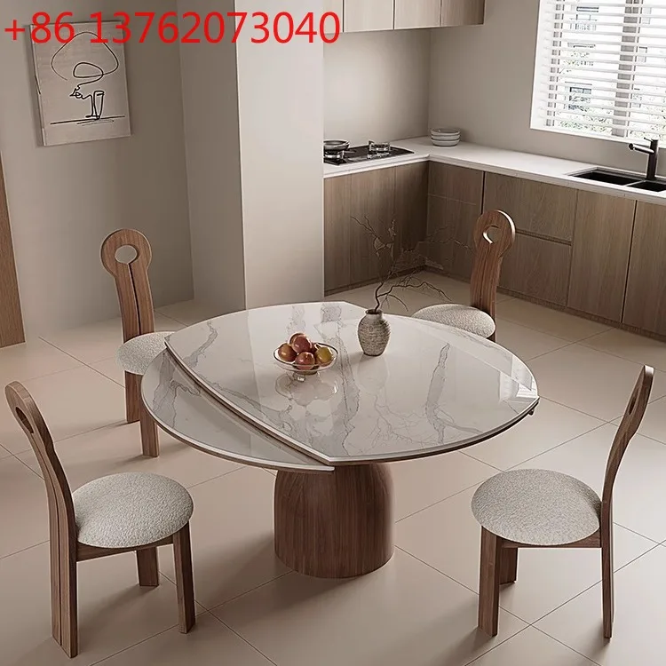Nordic telescopic rock slab round dining table modern simple folding solid wood dining table and chair combination