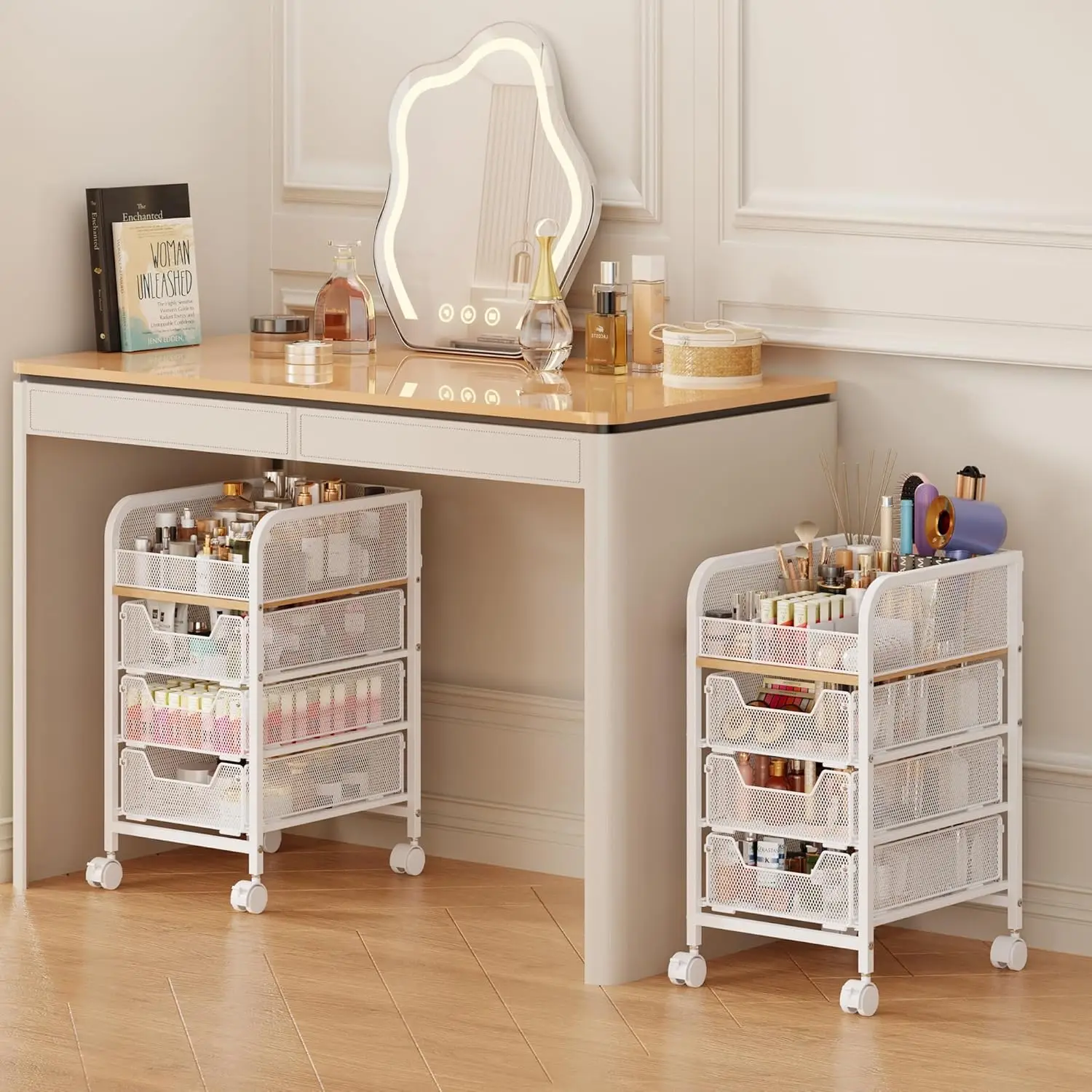 

3-Drawer Rolling Makeup Cart with 4 Tiers, Slim Skincare Organizer with Dividers for Brushes & Tools, White