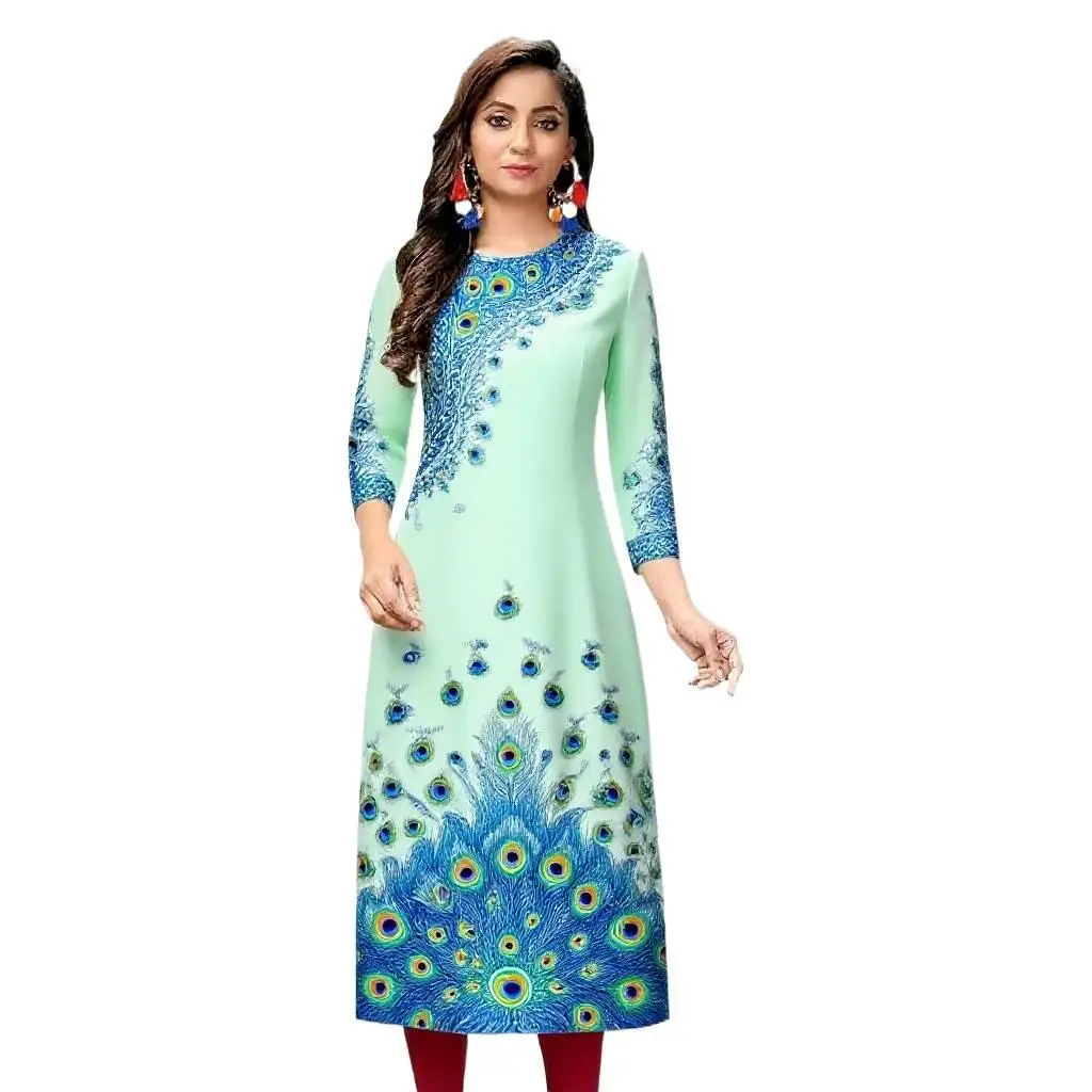 Sukienka Kurt damska, modna i elegancka, z długim rękawem, o prostym kroju, codzienna, z okrągłym dekoltem, kolorowa sukienka z wzorem pawiego pióra.