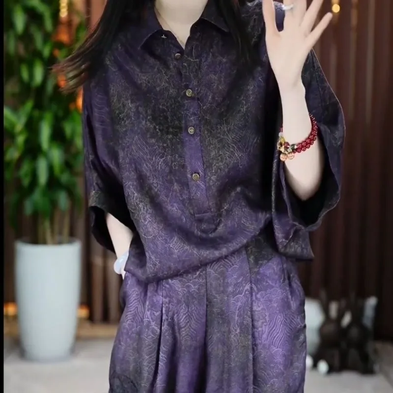

2025 New Spring Autumn High End Fashion Womens Two Piece Sets Advanced Slimming Temperament Blouse and Loose Pants Plus Size