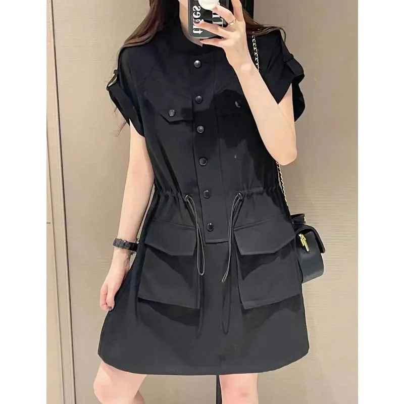 Oversize Dress for Women Chic Chubby Girl Cargo Dress Retro Summer New Slimming Drawstring Shirt Skirt Streetwear Women Clothing