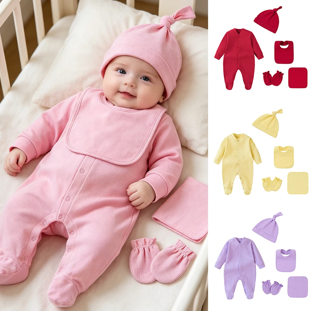 

0-12M Baby Set Newborn Baby Boy Girl Clothing 100% Cotton Long Sleeve Cute Plain White Yellow Red Pink Blue Rompers Hat Bib Suit