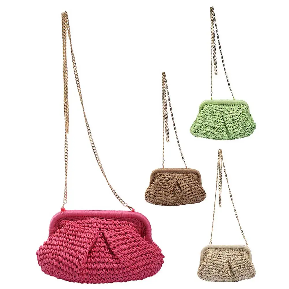 Women Shoulder Bag Dumpling Straw Handbag Pouch Rattan Woven Tote Bag Summer Beach Chain Candy Color Satchel Bags Messenger Bag