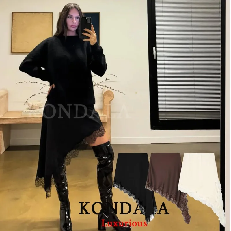 

KONDALA Sexy Chic Black Satin Lace Women Skirts High Waist Irregular Midi Party Skirt Fashion 2026 Evening Club Party Girl Skirt