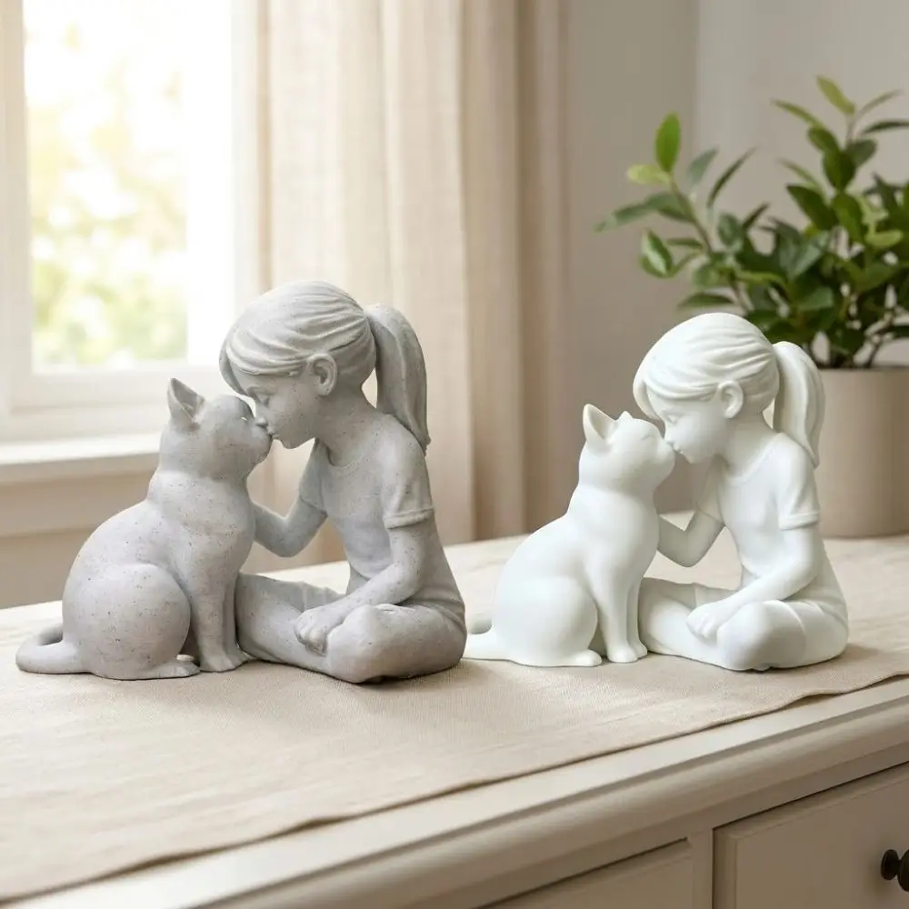 3D Printed Girl and Cat Sculpture Unique Plastic Girl Cat Friendship Statues Cute Animal Crafts Desktop Cat Figurine
