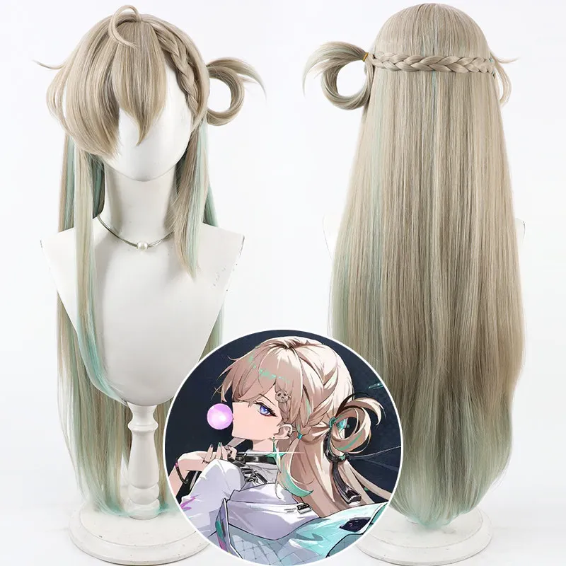 ‌Wuthering Waves Lynae Wig Linen Green Long Synthetic Hair Heat Resistant Halloween Headwear Role Play + Free Wig Cap