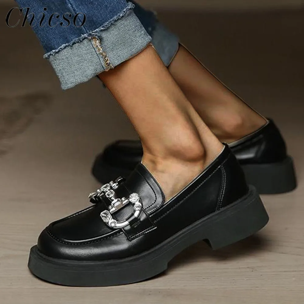 Mary Jane Shoes Wome 2024 Spring New Rhinestone Ladies British Style Loafer 35-40 Large-Sized Female Office Leather Shoes