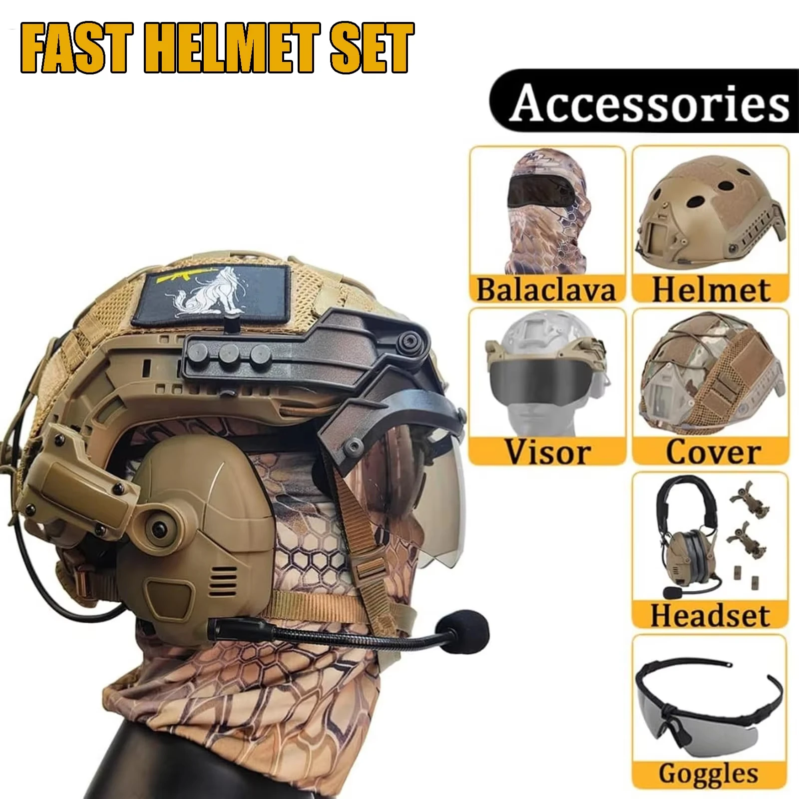 

Tactical Fast Helmet Set with Airsoft Bluetooth Headset Balaclava Goggles Visor Paintball Shooting Protective Helmet for Hunting