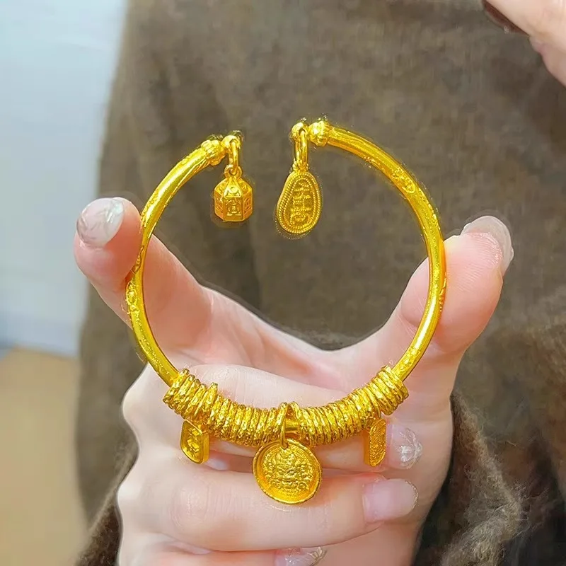 

Yellow God of Wealth Coiled Open Bangle Women 24K Gold, AU999 - Rich AU999 Shine, Fine Coils, Wealth Protection, Adjustable Open