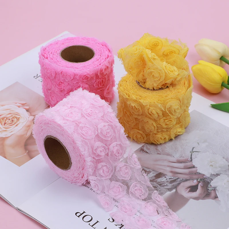 

6cm Wide 5 Yards Long 3D Solid Color Chiffon Rose Embroidery Ribbon Handmade Hair Accessories Bow Accessories