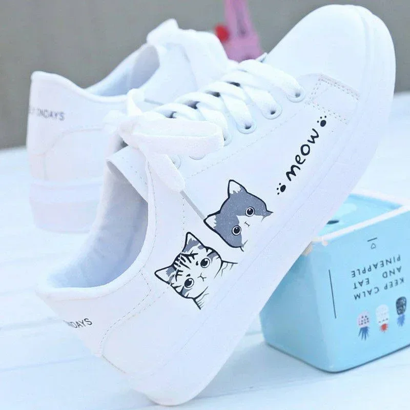2024 New Arrival Fashion Lace-up Women Sneakers Women Casual Shoes Printed summer Women Pu Shoes Cute Cat Shoes
