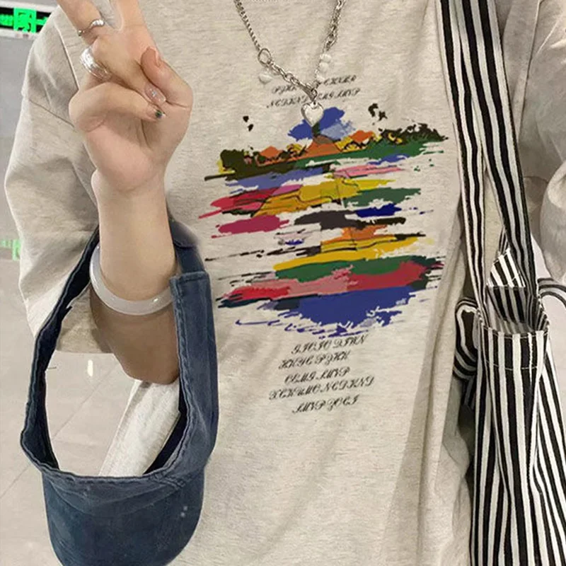 Summer New Cotton American Graffiti Printed Short Sleeve T-shirt Fashion High Street Loose Casual Original Design Women's Top image 3