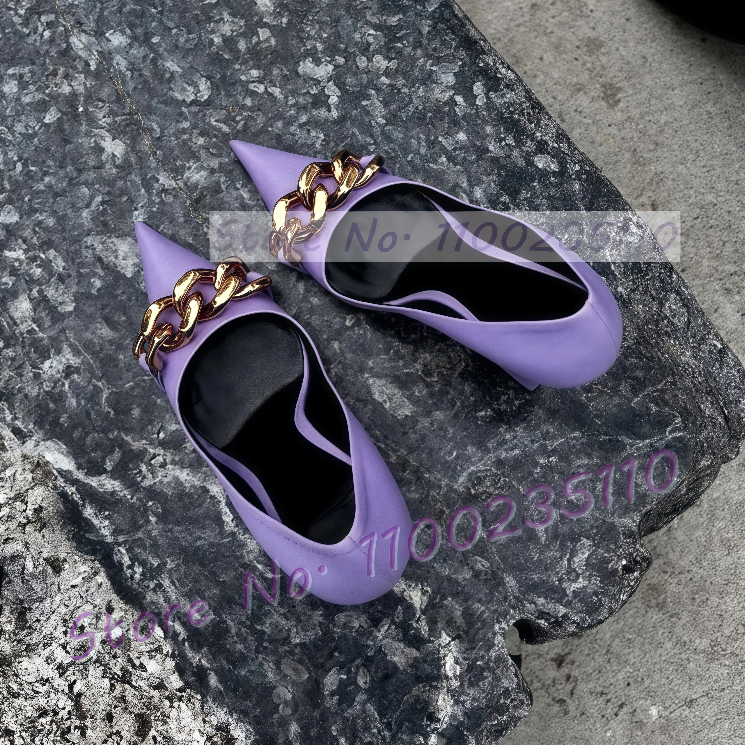 

Gold Chain Pointed Toe Block Heel Pumps Women Classic Purple Strange High Heels Sexy Ladies Party Casual Brown Solid Metal Shoes