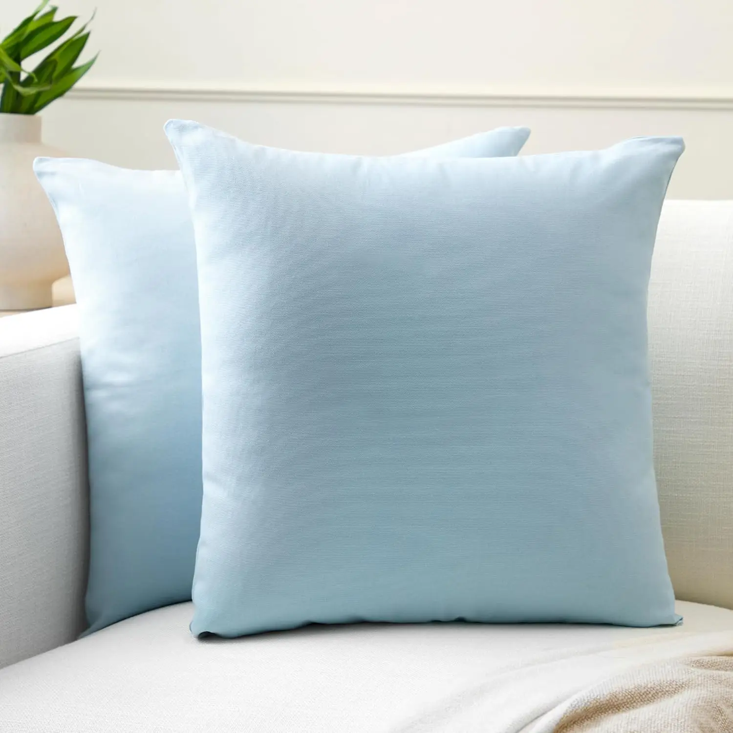 

Cotton Throw Pillow Covers 16x16 Set of 2 Ice Blue, Invisible Zipper, Machine Washable, No Inserts