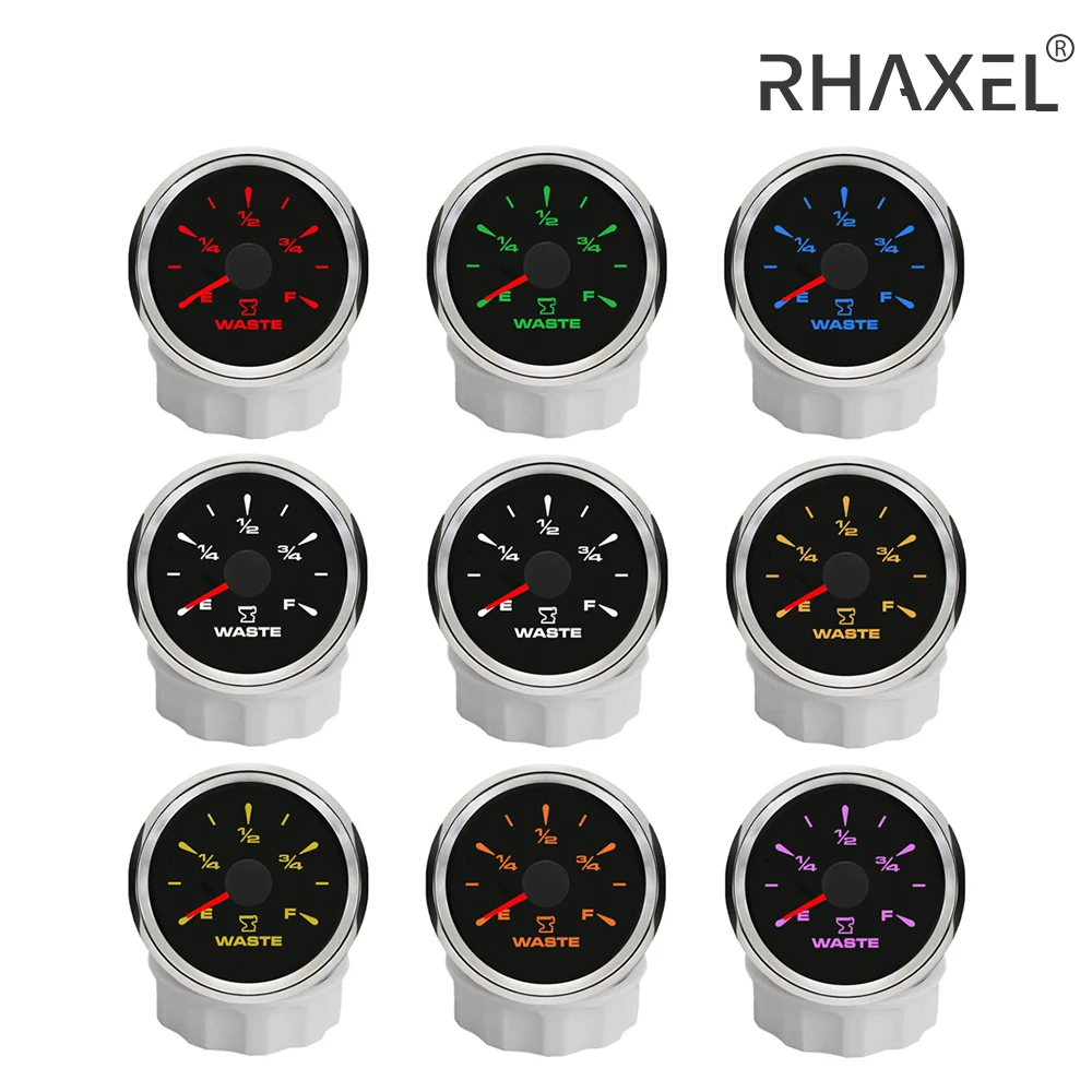 RHAXEL 52mm (2'') Holding Tank Level Gauge 0-190ohm 240-33ohm 12Volt 24Volt for RV VAN ATV Boat with 8 Colors Backlights