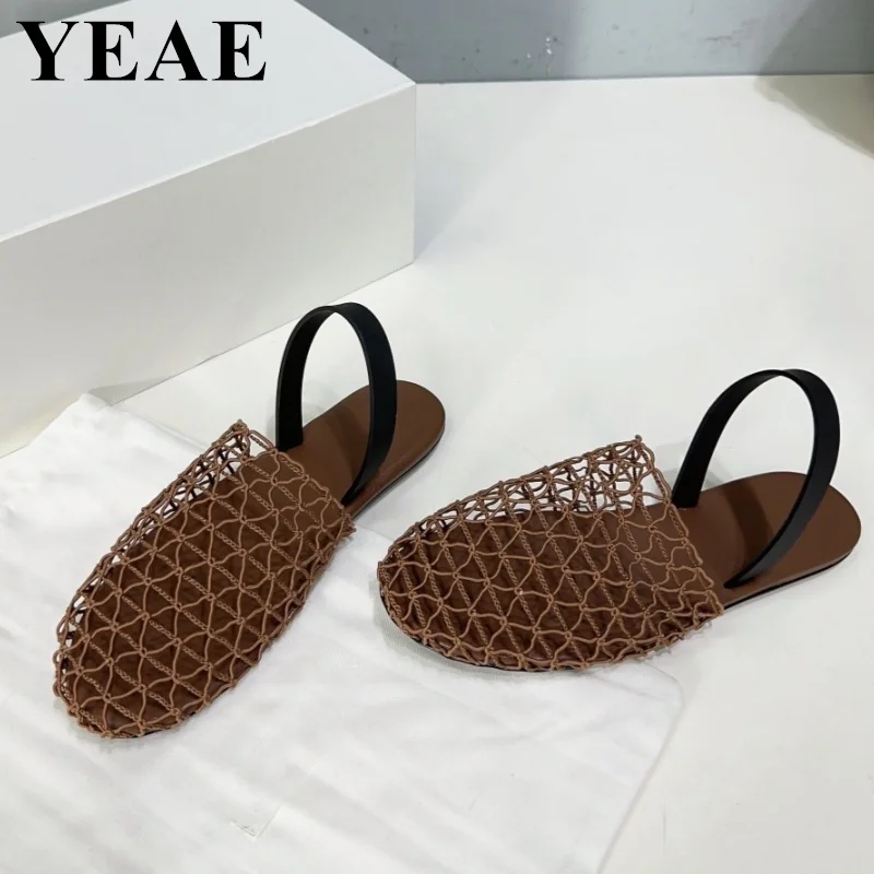 

2024 Summer Women Mesh Hollow Out Sandals Vintage Back Strap Flat Shoes Net Round Toe Sandals Women Fashion Casual Beach Shoes