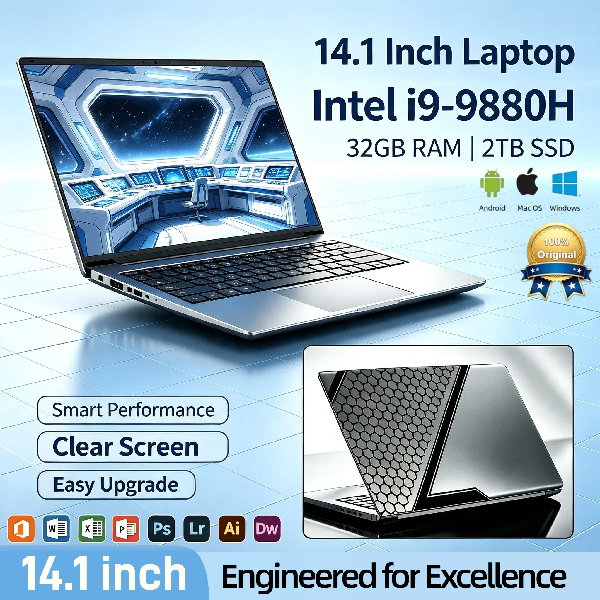 2026 Intel Core i9 9880H 14.1 Inch Gaming Laptop 2.3GHz 4.8GHz Turbo 32GB RAM 2TB SSD Ultra Slim 1920x1080 Office Pro Elite