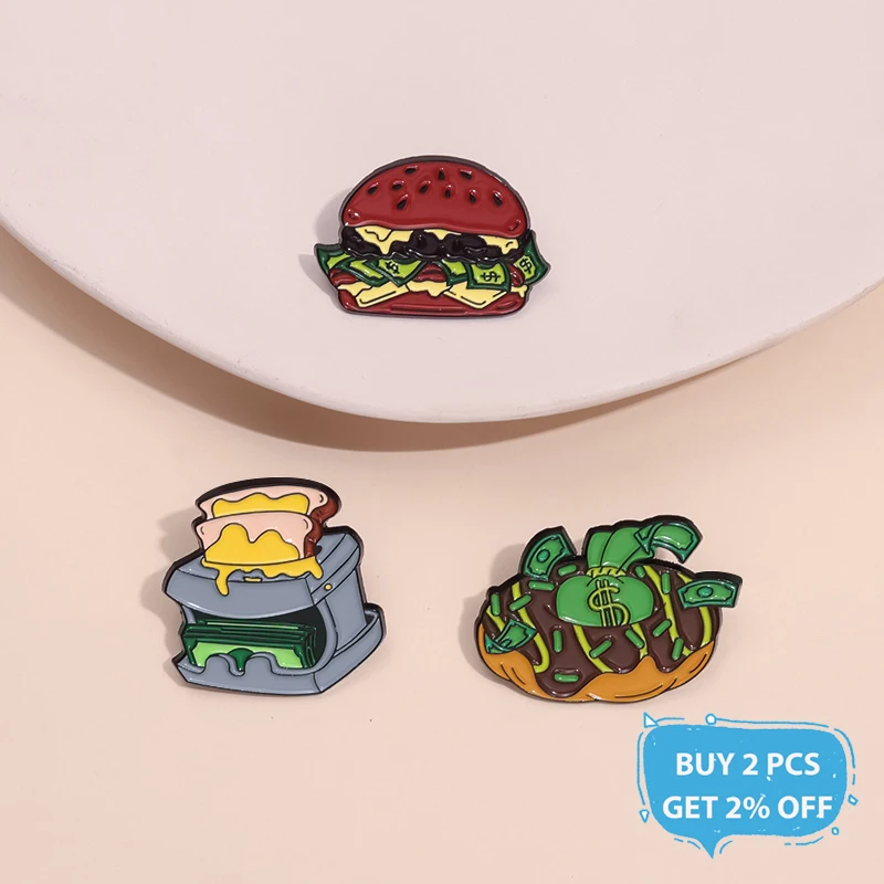 Creative Dollar Hamburger Purse Money Maker Enamel Pins Money Donut Delicacies Food Brooch Lapel Badge Jewelry Gifts For Friends