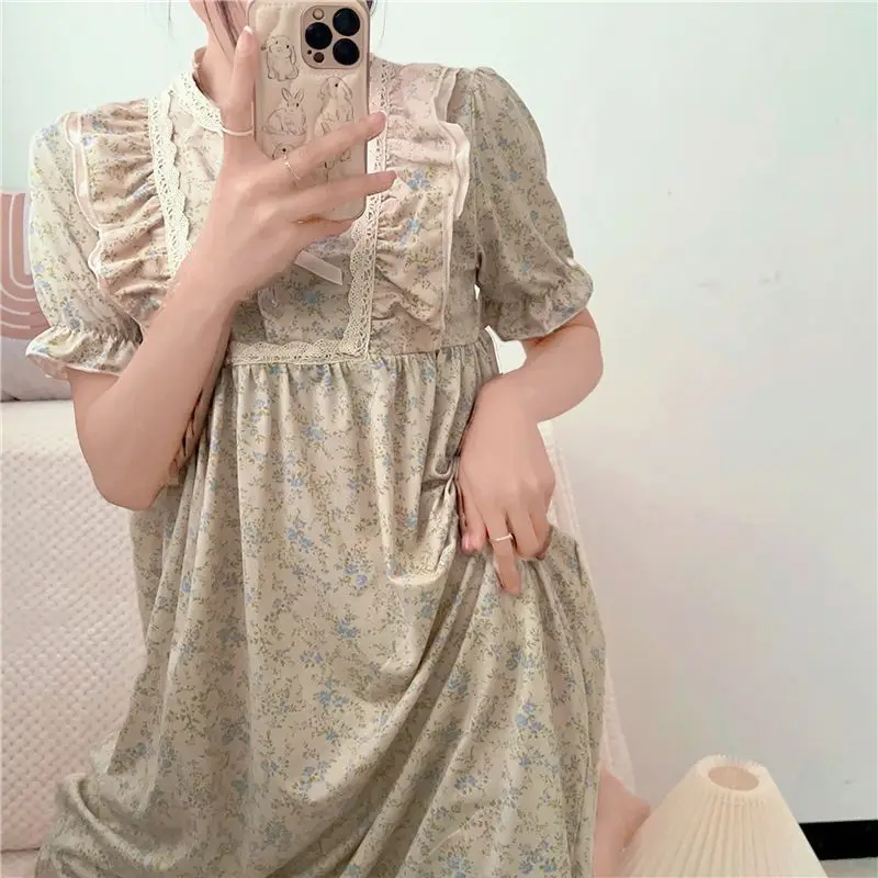 Floral Print Sleepwear Womens Vintage Nightgown Korean Ruffles Short Sleeve Night Dress One Piece Pajama Summer Lace Home Wear