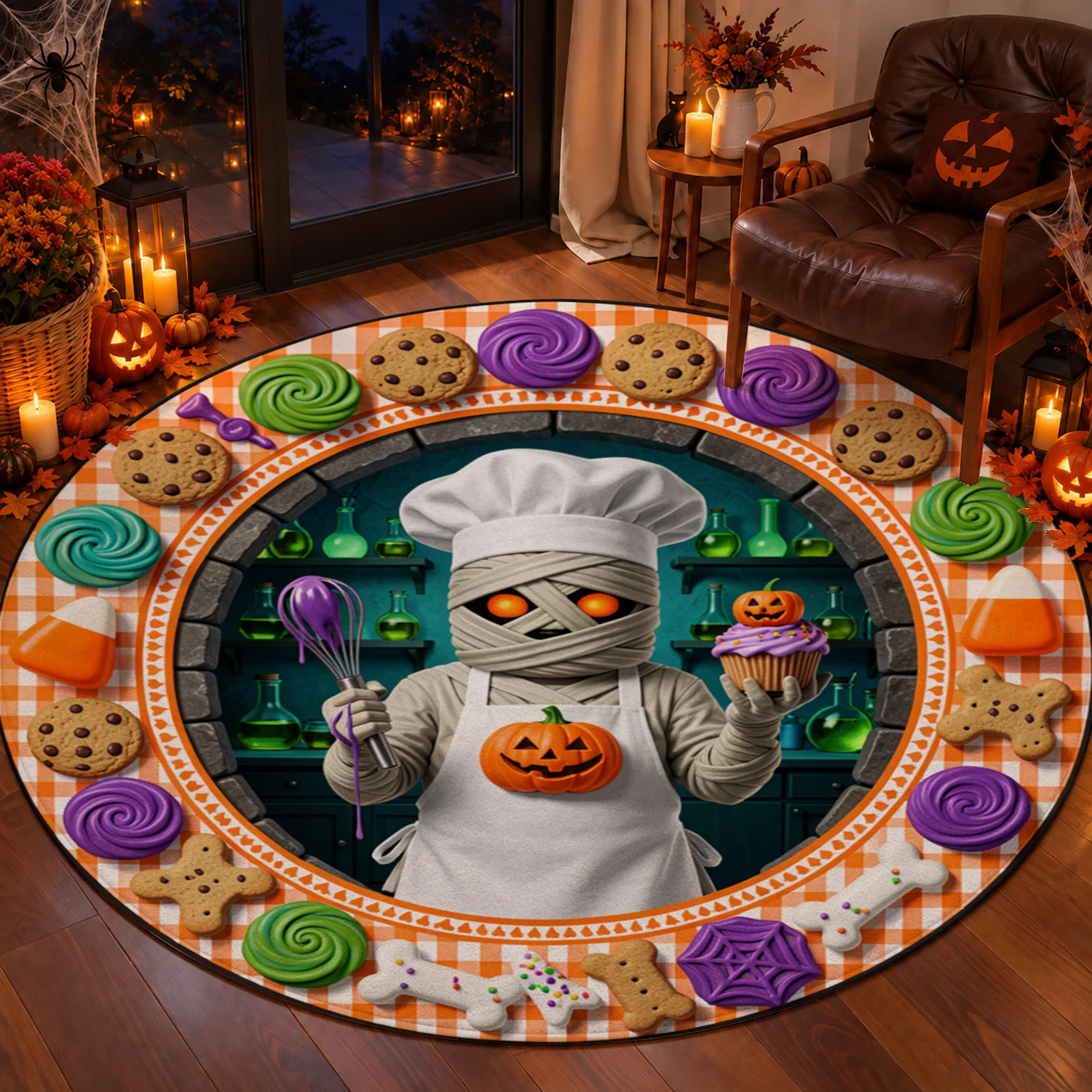 Kitchen Living Baking Mats - Mummy Chef Halloween-Backmuster, runde Samtmatte, maschinenwaschbar,